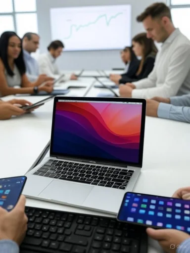 A business meeting with people using multiple devices, including laptops and smartphones, in a modern conference room.