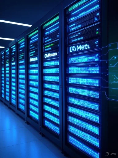Rows of server racks glowing with blue LED lights in a data center with Meta branding. Rows of server racks glowing with blue LED lights in a data center with Meta branding.