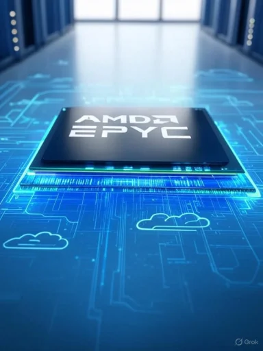 A digital illustration of an AMD Ryzen processor surrounded by futuristic circuit lines and cloud icons in a high-tech environment.