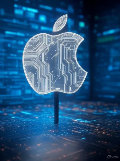 A digital, circuit-like Apple logo illuminated against a high-tech blue background.