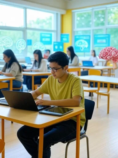 A student studies on a laptop in a bright classroom with multiple students and digital brain illustrations on the windows.