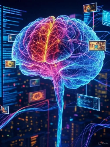 A digital illustration of a human brain with colorful neural connections and floating data screens representing AI or neural networks.