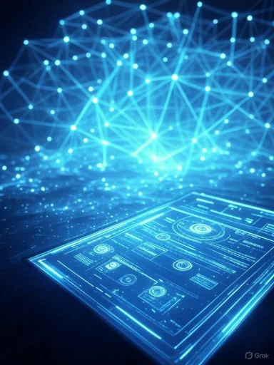Futuristic digital interface displaying data and network connections with glowing blue elements.