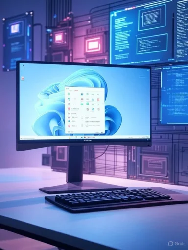 A computer monitor displaying a Windows desktop with a background of floating digital screens showing code and data.