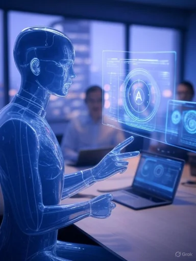 A digital humanoid figure interacts with holographic AI interfaces in a futuristic office setting.