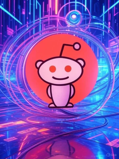 The Reddit mascot is depicted in a futuristic, neon-lit digital environment. The Reddit mascot is depicted in a futuristic, neon-lit digital environment.
