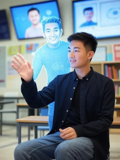 A young man in a classroom interacts with a friendly holographic digital assistant.