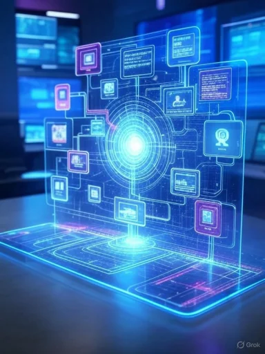 A holographic digital interface displays interconnected app icons and data streams over a futuristic, technology-focused background.