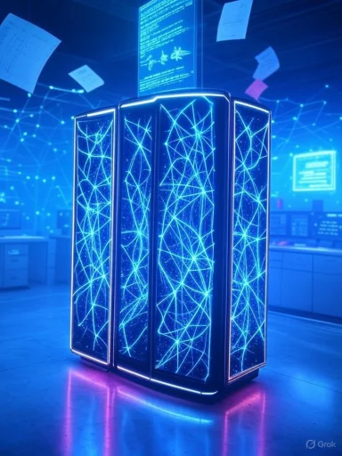 A futuristic data server with glowing blue network patterns, set in a high-tech control room.
