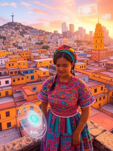 A girl in colorful traditional attire stands on a rooftop overlooking a vibrant cityscape at sunset.