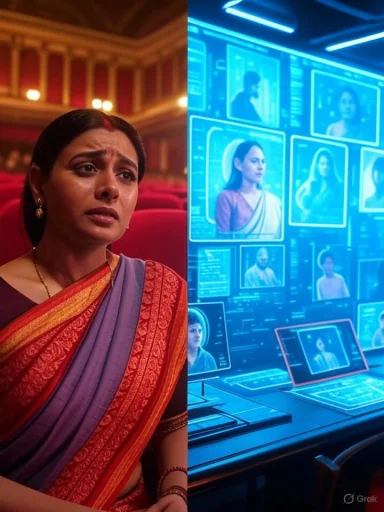A woman in traditional attire looks worried on the left, while a high-tech control room with digital faces is on the right.