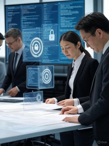 Business professionals analyze digital security data with holographic lock icons in a modern office.