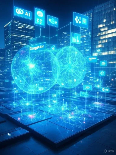 Digital visualization of AI and data network integration in a futuristic cityscape. Digital visualization of AI and data network integration in a futuristic cityscape.