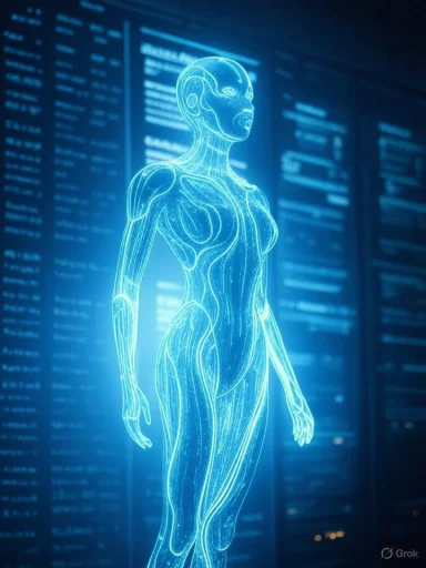 A digital, holographic female human figure highlighting anatomical details against a high-tech background.