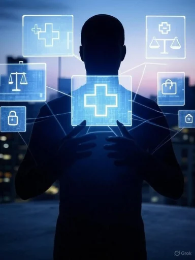 A person interacts with digital healthcare icons on a transparent screen against a cityscape at dusk.