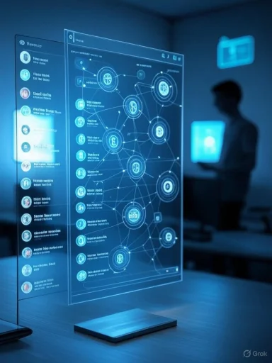 A person interacts with a holographic digital network interface displaying interconnected icons and data visualizations.
