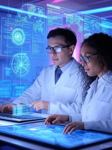 Scientists analyze holographic data displays on digital tablets in a high-tech laboratory.