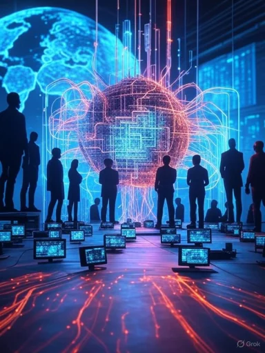 People observe a digital hologram of a glowing, circuit-like sphere representing technology or artificial intelligence.