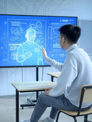 A person interacts with a holographic digital display showing data and illustrations in a futuristic classroom or office setting.