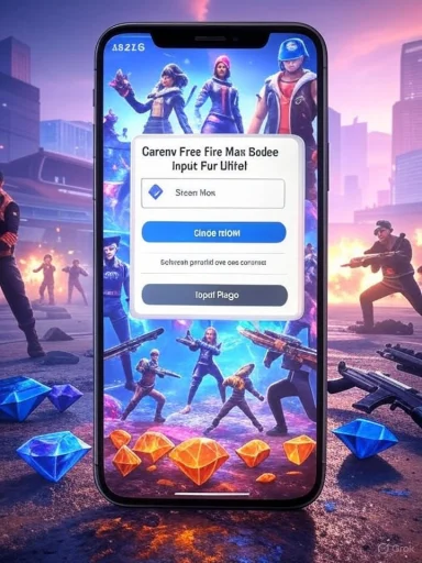A mobile phone displays a game menu with characters holding weapons, set against a vibrant, animated cityscape background.