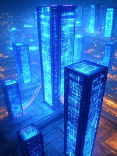 Futuristic cityscape featuring illuminated skyscrapers with glowing blue digital grid patterns.