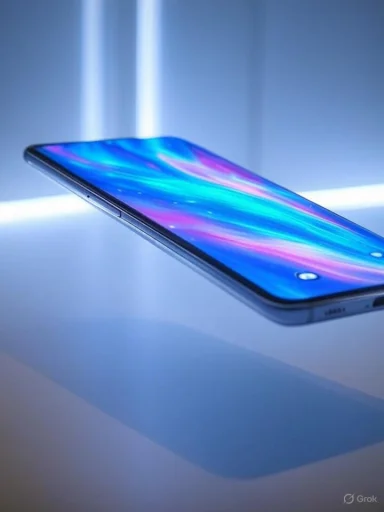 A sleek, modern smartphone displaying a vibrant, colorful screen, resting on a reflective surface with blue lighting.