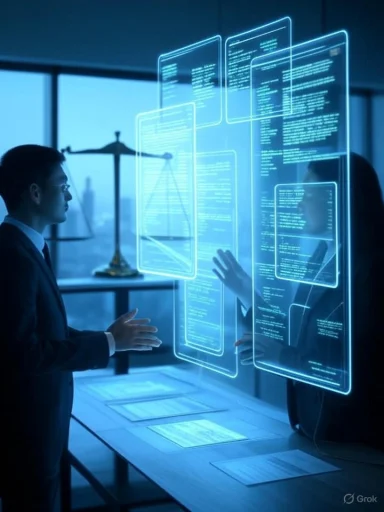 Two professionals discuss data or code displayed on virtual screens in a high-tech, futuristic office setting.