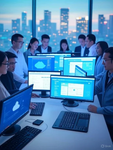A diverse group of professionals collaborates in a modern office with large windows and cityscape view, working on cloud computing technology.