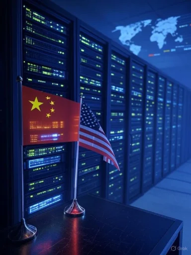 A Chinese and American flag in a data center with server racks and a world map projected overhead.