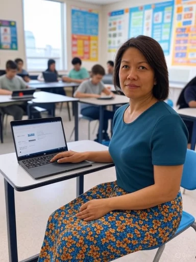 A teacher or student sits at a desk in a classroom with students working on laptops in the background.