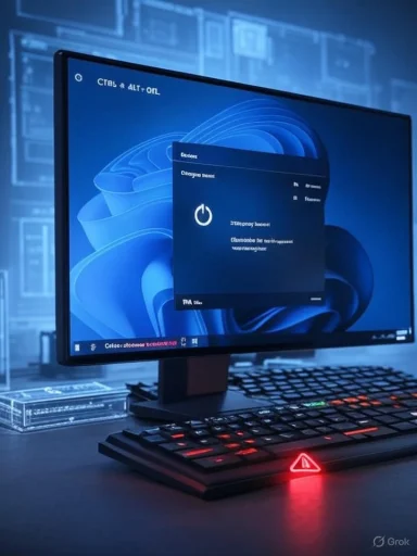 The computer monitor displays a Windows update or recovery screen with a warning symbol on the keyboard.