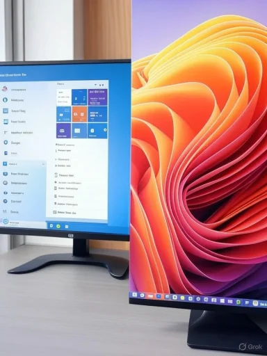Dual monitor setup showcasing a Windows desktop environment on the left and a vibrant, abstract screensaver on the right.