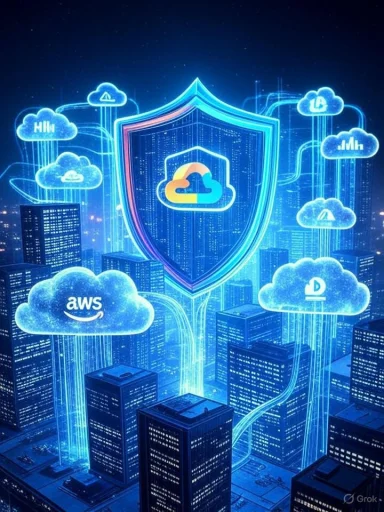 A digital cityscape illustrating cloud security and various cloud service providers like AWS, Dropbox, and others connected by neon lines.