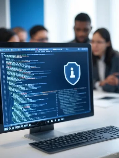 A computer screen displaying coding and a security shield icon with an information symbol, with a group of professionals in the background. A computer screen displaying coding and a security shield icon with an information symbol, with a group of professionals in the background.