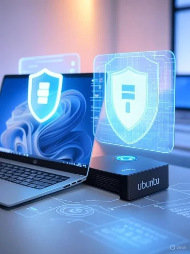 A laptop with a digital shield icon, connected to a mini computer labeled 'Ubuntu,' displaying a futuristic cybersecurity interface.