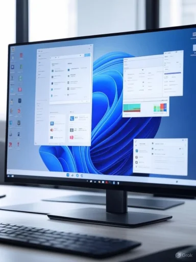 A computer monitor displaying multiple windows and a desktop with a blue abstract background.
