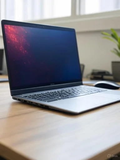 A sleek silver laptop is open on a wooden desk near a window with a black mouse nearby. A sleek silver laptop is open on a wooden desk near a window with a black mouse nearby.