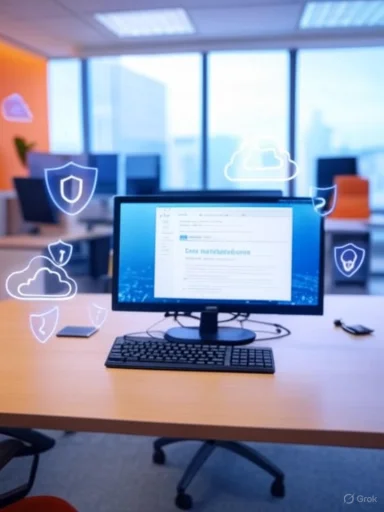 An office desk with a computer monitor displaying a document, surrounded by digital icons representing cybersecurity and cloud protection.