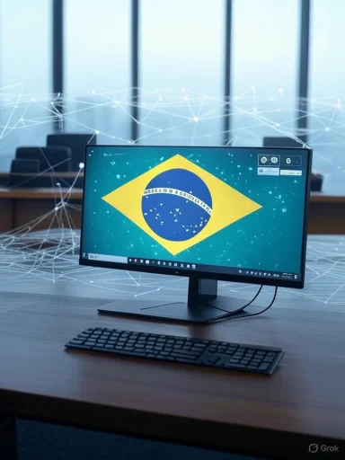A computer monitor displaying the Brazilian flag in an office setting with digital network graphics in the background.