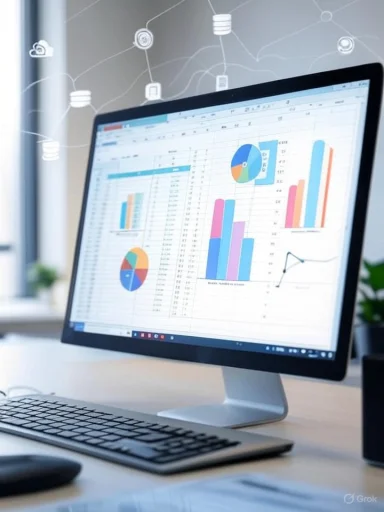 A computer screen displays a spreadsheet with colorful graphs and charts, used for data analysis in an office setting.