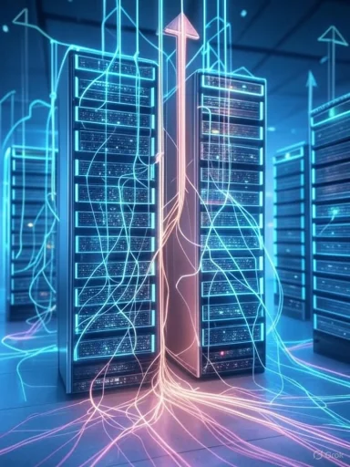 Futuristic data center with glowing servers and interconnected digital wiring.