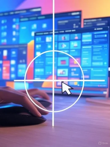 A person using a mouse to navigate on a computer with multiple screens displaying colorful digital interfaces.