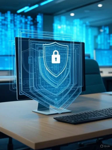 A computer monitor displays a digital shield with a padlock, symbolizing cybersecurity in a modern office setting. A computer monitor displays a digital shield with a padlock, symbolizing cybersecurity in a modern office setting.