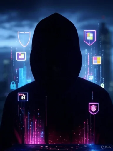A hooded figure surrounded by digital security icons and holographic graphics, suggesting cyber threat or hacking activity. A hooded figure surrounded by digital security icons and holographic graphics, suggesting cyber threat or hacking activity.