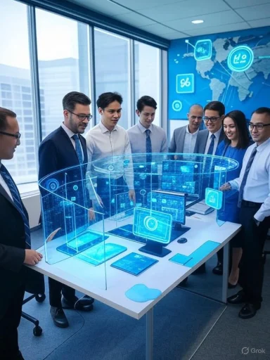 Businesspeople gather around a futuristic holographic display of digital devices in a modern office.