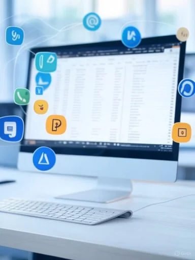 Computer screen displaying an email inbox, surrounded by floating app icons.