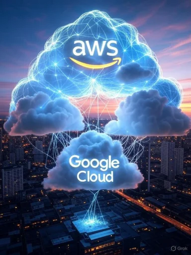 A digital illustration of cloud computing with AWS and Google Cloud logos floating over a cityscape at sunset.