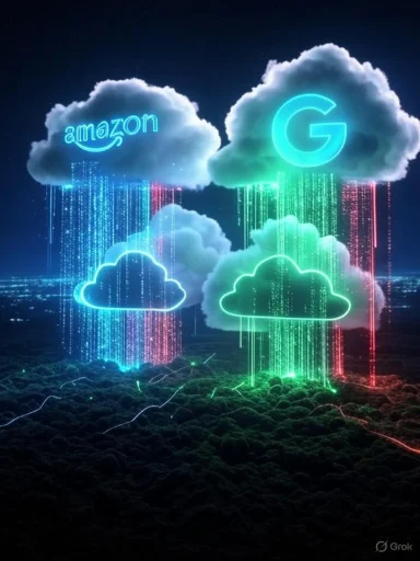 Clouds with neon 'Amazon' and 'G' logos releasing colorful digital rain over a dark, stormy sky.