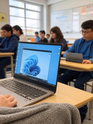 A classroom scene with students using laptops, focusing on a Windows laptop on a teacher's desk.