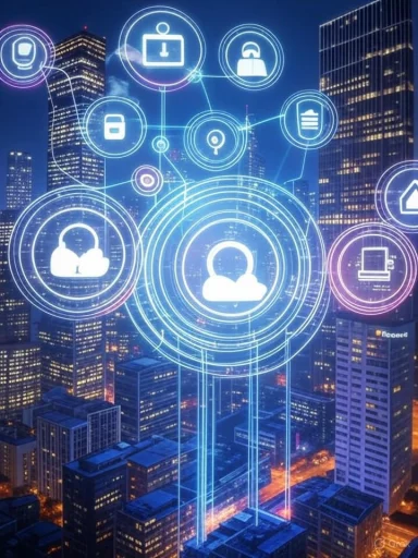 Digital cloud networking icons over cityscape symbolize cloud computing and data connectivity in a smart city. Digital cloud networking icons over cityscape symbolize cloud computing and data connectivity in a smart city.